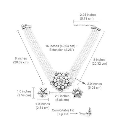 Fashion 21 5 Rows Rhinestone Accented Simulated Floral Pearl Cluster Necklace, Clip on Earring 2 Set - color: White
