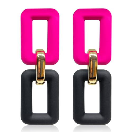 Acrylic Chain Earrings for Women Girls Resin Square Geometric Statement Dangle Drop Earrings Bohemian Retro Paperclip Link Chain Earrings 70s 80s Jewelry Gifts - color: black+rose red