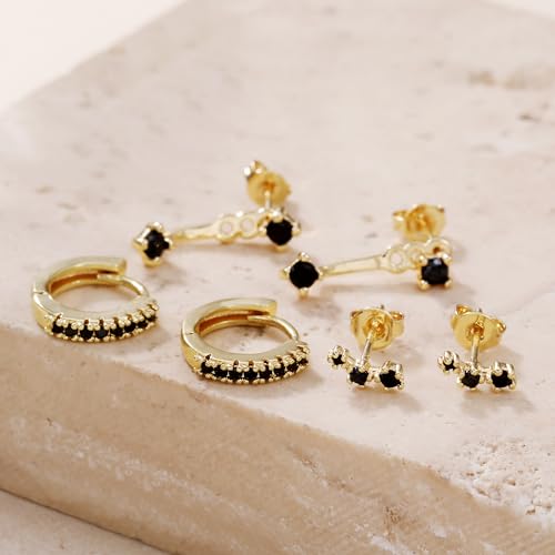 3 Pairs Huggie Hoop Earring Set 18K Gold Plated Cubic Zirconia Cartilage Earrings, Multi Piercings Ear Jacket Earring Climber Stud Earring for Women Everyday Earrings - color: Gold Black Cubic Zirconia Hoop