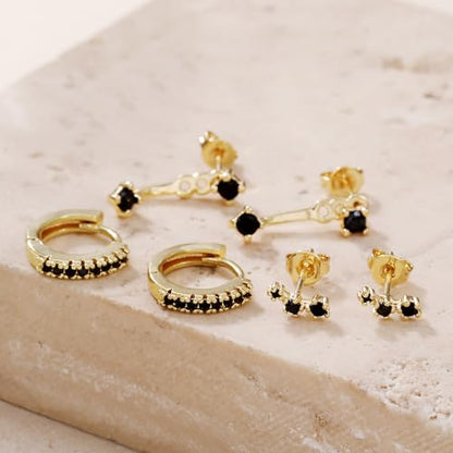 3 Pairs Huggie Hoop Earring Set 18K Gold Plated Cubic Zirconia Cartilage Earrings, Multi Piercings Ear Jacket Earring Climber Stud Earring for Women Everyday Earrings - color: Gold Black Cubic Zirconia Hoop