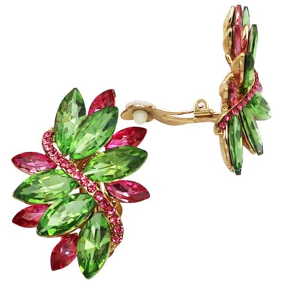 Rosemarie Collections Women's Dazzling Crystal Marquis Leaf Cluster Statement Clip On Earrings, 1.87" - style: Green With Pink Crystal Gold Tone