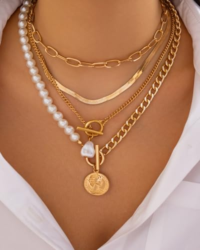 Gold Layered Necklaces for Women Chunky Layered Gold Necklaces Stacked Paperclip Chain Pearl Necklace Herringbone Toggle Clasp Choker Trendy Statement Jewelry Gifts - color: A8:chunky gold necklaces