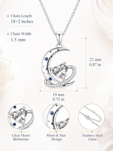Birthstone Necklace for Women White Gold Moon and Star Pendant Moon Jewelry Anniversary Birthday Gifts for Mom Wife Her - color: 04. April - Clear Zircon