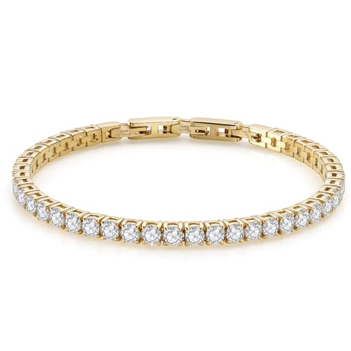 Stainless Steel Adjustable CZ Tennis Bracelet for Women Men | 14K Gold Plated, Round 3mm/4mm/5mm AAAA+ Cubic Zirconia, Dainty Classic, Festival Wedding Jewelry Gift - color: Gold, size: CZ 4mm