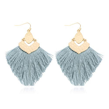 Bohemian Thread Tassel Drop Earrings - Geometric Petal Fan Fringe Feather Statement Chandelier Duster Dangles - color: Boho Tassel Chandelier - Light Blue