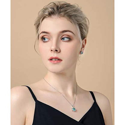 AMYJANE Halo Crystal Jewelry Set - Sterling Silver Round Cubic Zirconia Crystal Bridal Pendant Necklace Earrings Set for Wedding Bride Bridesmaids - color: Aquamarine