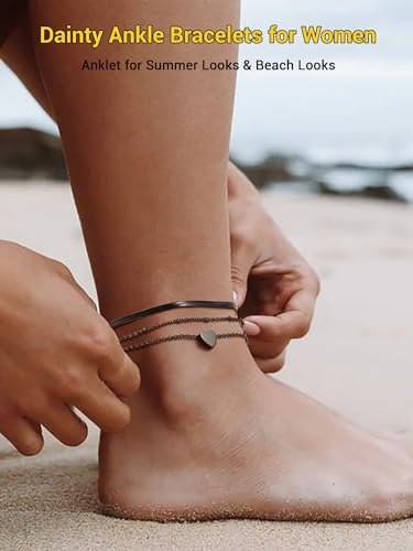 PROSTEEL Trendy Handcuffs Design/Customize Words Ankle Bracelet For Women, 316L Stainless Steel Anklets Silver/Gold/Black Tone, Hypoallergenic, Come with Box - style: 06.2 Layered-Herringbone&Heart-Black