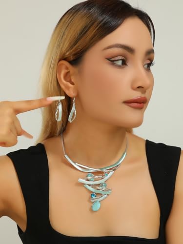 Chunky Statement Jewelry Set Vintage Retro Leaf Flower Floral Geometric Bohemian Boho Bib Necklace Earring Set Fashion Costume Jewelry for Women Girls Wedding Party Prom Unique Gift - style: Multilayer oval crystal JS silver aqua
