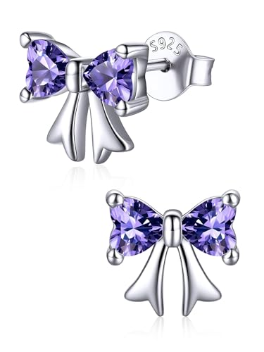 ChicSilver 925 Sterling Silver Bow/Butterfly Earrings for Women Hypoallergenic Birthstone Earrings Dainty Bow/Butterfly Jewelry Gift for Women - color: Bow-February-Amethyst
