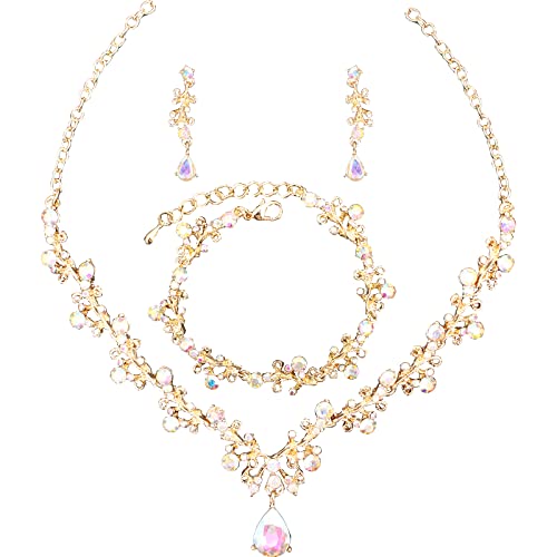 3Pcs Austrian Crystal Jewelry Set for Women, Necklace Dangle Earrings Link Bracelet Jewelry Set with Gold/Platinum/Gun Plated, Wedding Party Jewelry for Bridal Bridesmaid - color: AB Crystal-Gold Plated