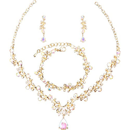 3Pcs Austrian Crystal Jewelry Set for Women, Necklace Dangle Earrings Link Bracelet Jewelry Set with Gold/Platinum/Gun Plated, Wedding Party Jewelry for Bridal Bridesmaid - color: AB Crystal-Gold Plated