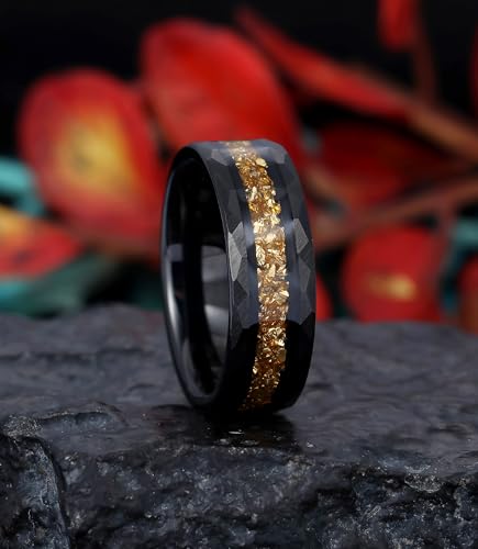 8mm Black Tungsten Mens Wedding Band with Moss Agate/Emerald/Citrine | Amethyst/Aquamarine, Gothic, Birthstone, Hammered, Engagement Promise Ring, Anniversary Valentine Day Birthday Gift for Him - style: Yellow Citrine