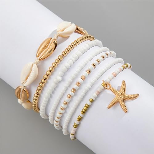Nanafast Beaded Boho Anklets for Women, Beachy Shell Anklets for Women, Puka Shell & Starfish Charms Beach Jewelry Adjustable - color: White