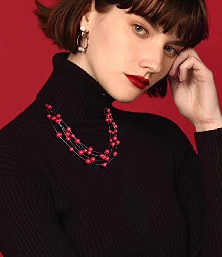 FULU AUTUMN Layered Pearl Necklace Multi-strand Pearl Choker Necklaces for Women Beaded jewelry for Wedding Parties - color: Red