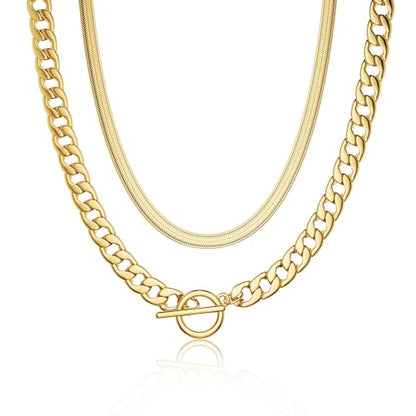 CHESKY 14K Gold Plated Chunky Necklace for Women, Trendy Toggle Clasp | Statement Pendant Necklace, Layered Paperclip Chain, Toggle Clasp Design, Thick Gold Chain, Non Tarnish Everyday Jewelry - color: gold, style: cuban+herringbone