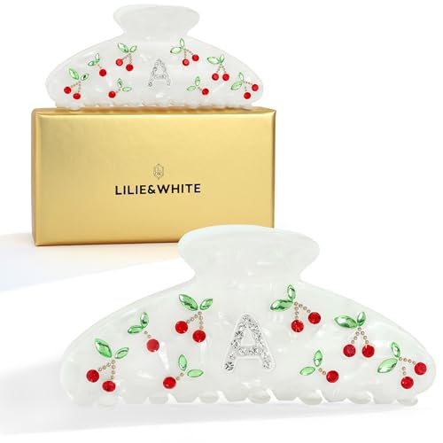 LILIE&WHITE Acrylic Cherry Initial Hair Claw Clip for Women Rhinestone A | Hair Clips For Women With RhinestonesInitial Hair Claws For Thick Hairs Trendy Monogram Large Clips - color: HC22959A