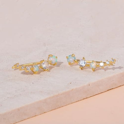 CiNily Star Opal Ear Cuffs Climber Earrings, 14K Gold CZ Ear Crawler Earrings for Women Small Cartilage Stud Earrings Fashion Hypoallergenic Jewelry Christmas Day Gifts, White Gold, Rose Gold - color: Gold-White Opal, size: Round Opal