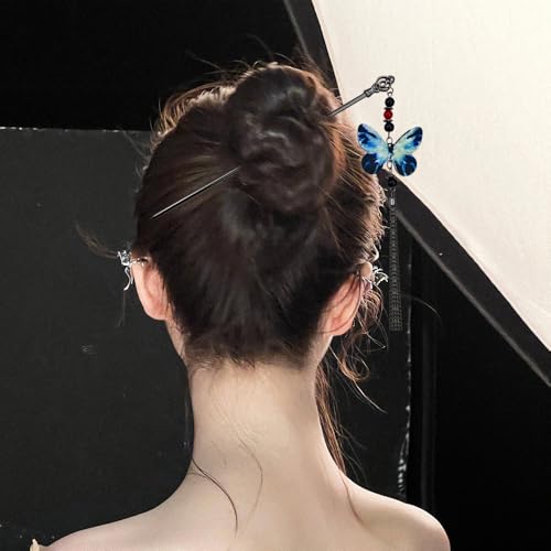 6PCS Chinese Hair Sticks Set, Black Japanese Hair Stick with Pearl Flower Butterfly Design Metal Hair Chopsticks Hair Bun Updo Holders Long Thick Hair Accessories for Women - color: 6pcs Black
