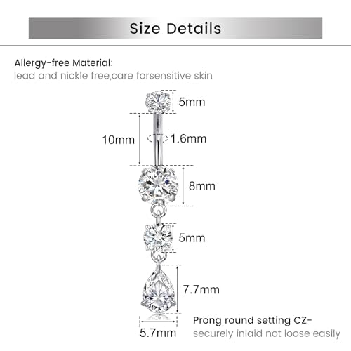 Briana Williams Belly Button Ring Clear CZ Dangle Belly Button Piercing Belly Rings Dangle Belly Button Rings Surgical Steel Teardrop Dangle Belly Button Jewelry for Women Silver Gold - color: D -silver