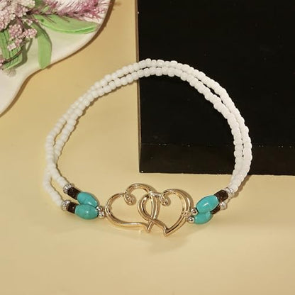 Elastic Beaded Ankle Bracelets for Women Double Heart Layered Stretch Ankle Bracelets Waterproof Dainty Boho Beaded Anklets for Summer Beach Foot Jewelry - color: White Gold