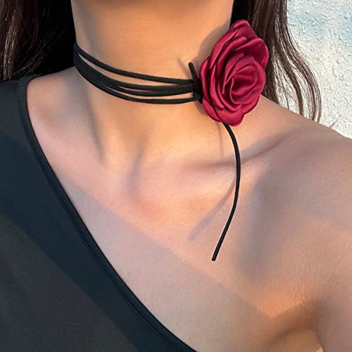 Rose Black Velvet Floral Choker Necklace - Camellia Daisy Rosette - Spring Summer Flower Jewelry - color: Red