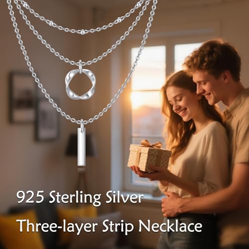 Layered Choker Necklaces 925 Sterling Silver Dainty Chain with Rectangle Circle Bar Pendant Fashion Jewelry for Women