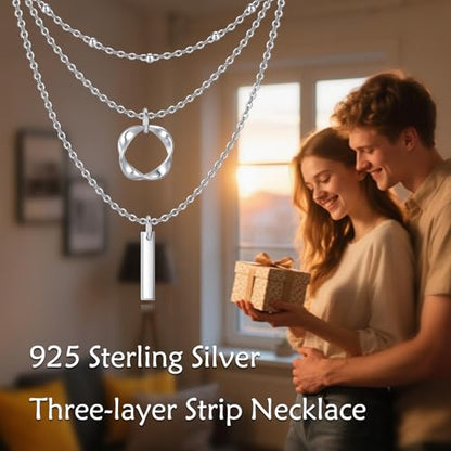 Layered Choker Necklaces 925 Sterling Silver Dainty Chain with Rectangle Circle Bar Pendant Fashion Jewelry for Women