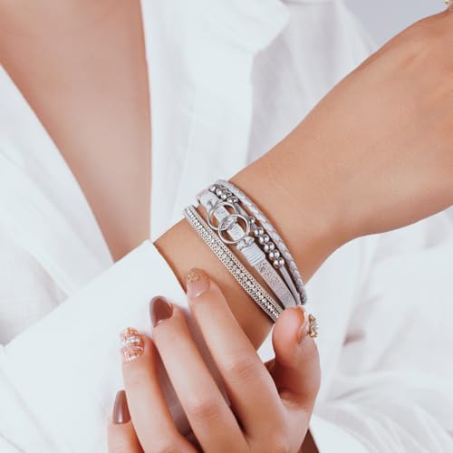 Boho Leather Wrap Bracelets Beaded Stackable Cuff Bracelet Country Concert Outfits Cowboy Cowgirl Western Jewelry Gifts for Women - color: Infinity-Silver