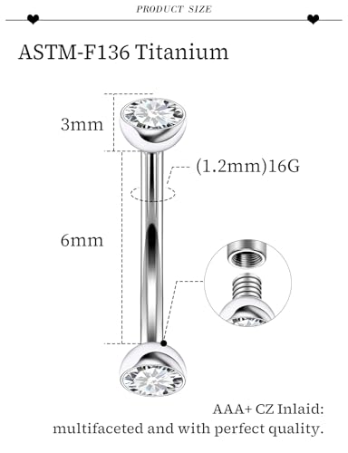 16G Astm F136 Titanium Eyebrow Piercing Jewelry Curved Barbell Eyebrow Ring Vertical Labret Lip Jewelry Daith Rook Earrings Navel Small Belly Button Ring Piercing Jewelry for Women Men CZ - style: 16G, 6MM Length, Round Clear CZ