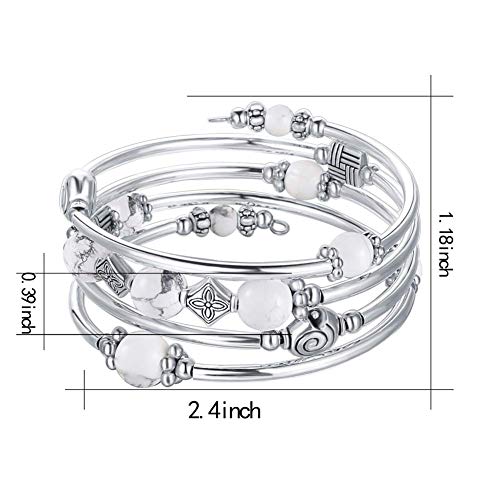 Beaded Pearl Bangle Wrap Bracelet - Fashion Bohemian Jewelry Multilayer Charm Bracelet with Thick Silver Metal Beads, Gift For Women - color: Howlite