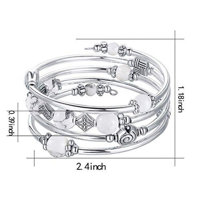 Beaded Pearl Bangle Wrap Bracelet - Fashion Bohemian Jewelry Multilayer Charm Bracelet with Thick Silver Metal Beads, Gift For Women - color: Howlite