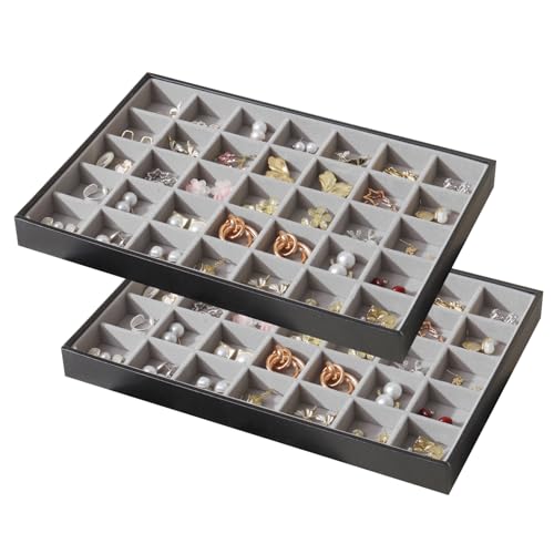 Large Jewelry Organizer Tray for Drawer Inserts 2 Pack | Stackable Jewelry Storage PU Leather Velvet Jewellery Display Case for Earring Bracelet Necklace (Black Gray, 35 Grids) - color: Black Gray, size: 35 Grids