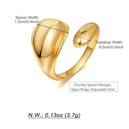 WOWORAMA Chunky Open Rings for Women Gold Silver Adjustable Dome Teardrop Rings Bold Thick Statement Rings Simple Stackable Band Rings - color: Gold Spoon Ring