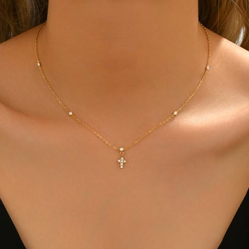 Dainty 18K Gold Plated Lariat Necklace for Women Delicate Y Chain Rose Pearl Diamond Long Drop Necklace Layering Bridal Jewelry Gift - color: Tiny CZ&Cross-Gold