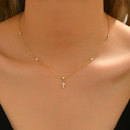 Dainty 18K Gold Plated Lariat Necklace for Women Delicate Y Chain Rose Pearl Diamond Long Drop Necklace Layering Bridal Jewelry Gift - color: Tiny CZ&Cross-Gold