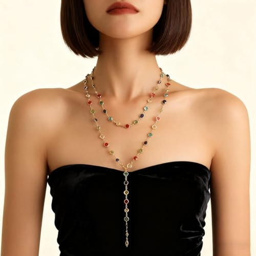 Colorful Rhinestone Long Necklaces for Women,Boho Small Crystal Drop Necklace,Boho Rhinestone Layered Necklaces - color: Golden