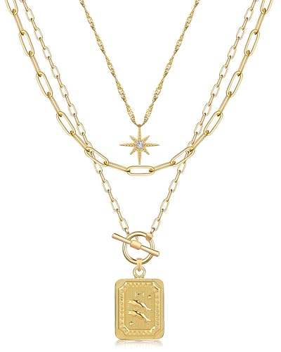 MJartoria Layered Necklaces for Women, 14K Gold Plated Brass | Star Choker, Square Birth Flower, Paperclip Chain, Trendy - color: Gold, style: ZZ-Pisces