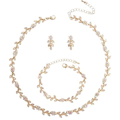 Austrian Crystal Rhinestone Choker Necklace Dangle Earring Link Bracelet Jewelry Set for Brides Bridesmaid Prom Costume Accessories for Women - color: AB Crystal-Gold Plated
