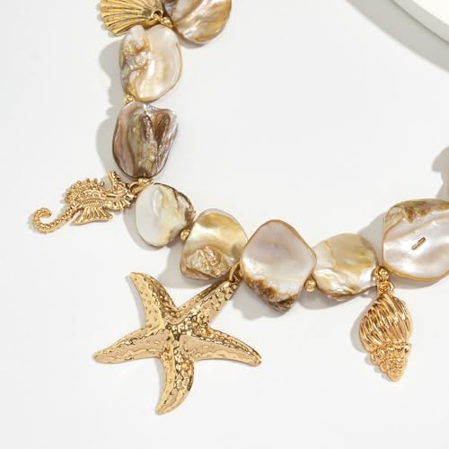 Boho Chunky Shell Necklace for Women Baroque Pearl Pendant Necklaces Irregular Shell Beaded Choker Necklace Trendy Vacation Jewelry Accessories - color: White2