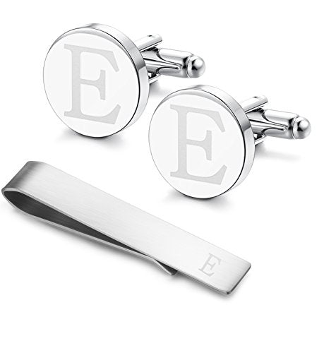Initial Cuff Links Mens and Tie Clips for Men | Classic Silver Letter Alphabet A-Z Cufflinks and Tie Bar Set, Gifts for Men Father Husband for Formal Business Wedding - style: E