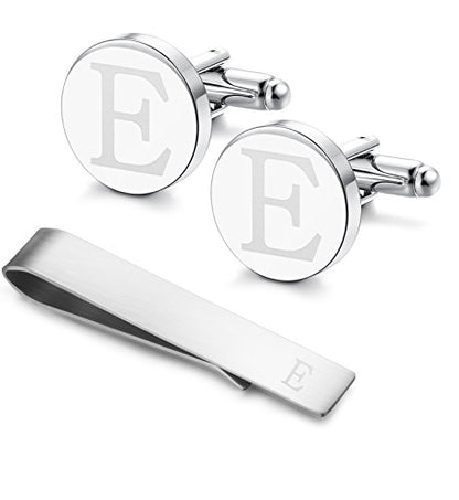 Initial Cuff Links Mens and Tie Clips for Men | Classic Silver Letter Alphabet A-Z Cufflinks and Tie Bar Set, Gifts for Men Father Husband for Formal Business Wedding - style: E