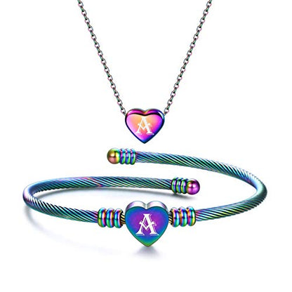 MYNENEY Necklace and Bracelet for Women Stainless Steel Initial Jewelry Set - color: Rainbow-A