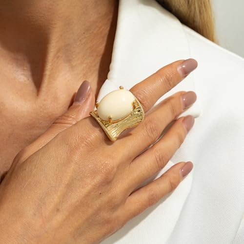 Geometric Open Ring, Adjustable Statement Rings with Non-Fading Hand-Marbled Resin Wide Band, Metallic Stripe Accent Finger - color: black