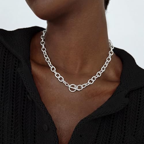CHESKY 14K Gold Plated Chunky Necklace for Women, Trendy Toggle Clasp | Statement Pendant Necklace, Layered Paperclip Chain, Toggle Clasp Design, Thick Gold Chain, Non Tarnish Everyday Jewelry - color: silver, style: paperclip