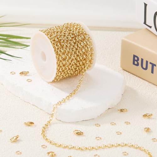 GTVOODX 16.4 Feet Gold Filled Stainless Steel Rolo Chain for Jewelry Making | Unfinished Permanent Jewelry Chain Roll for DIY Jewelry Bracelet Necklace Making with Lobster Clasps Jump Rings - color: Gold Rolo Chains