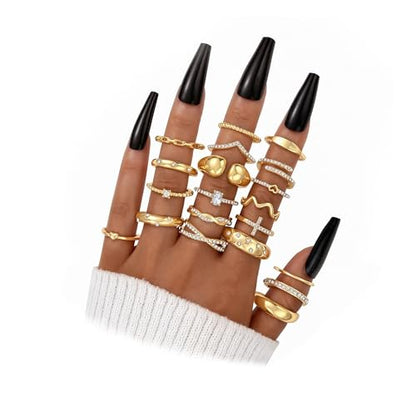 FAXHION 25 PCS Gold Stackable Rings Set for Women, Simple Twist Knuckle Finger Ring Trendy, Dainty Stacking Statement Thumb Rings Pack Jewelry Gift - color: Gold-Zircon