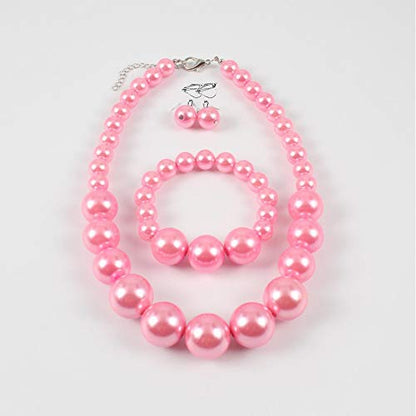 Bridal Wedding Faux Pearl Statement Necklace and Clip on Earrings Bracelet Jewelry Sets Women Bib Choker Necklace - color: Pink-Necklace+Bracelet+Clip Earrings