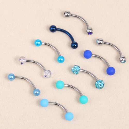 10 Eyebrow Rook Piercing Jewelry Set With Blue Balls for Women Men | Vertical Labret Lip Jewelry Earrings Curved Barbell Piercings Eyebrow Rings Women Tiny Ear Rook Helix Conch Daith Belly Rings