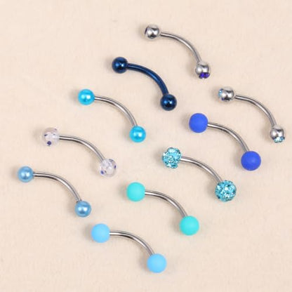 10 Eyebrow Rook Piercing Jewelry Set With Blue Balls for Women Men | Vertical Labret Lip Jewelry Earrings Curved Barbell Piercings Eyebrow Rings Women Tiny Ear Rook Helix Conch Daith Belly Rings