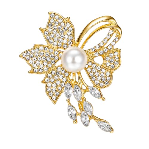 Crystal Floral Pin with Rhinestones, Crystal Floral Pin, Golden Pearl Flower Brooch Pins for Women